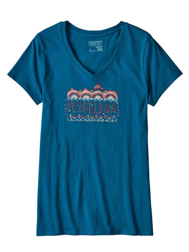 Patagonia Dames Fitz Roy Cotton V-Neck T-Shirt (Big Sur Blue)