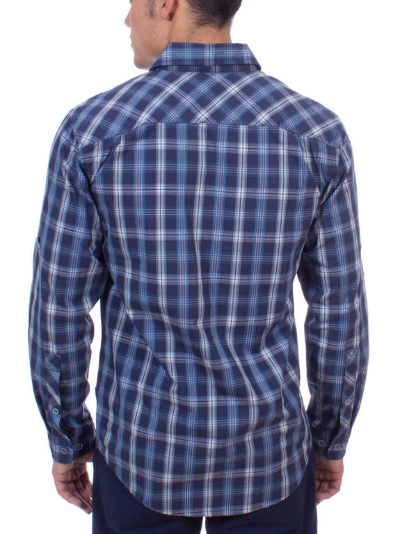 ExOfficio Men's BugsAway Sol Cool Plaid Long Sleeve (Navy) InsectShield  Permethrin Shirt