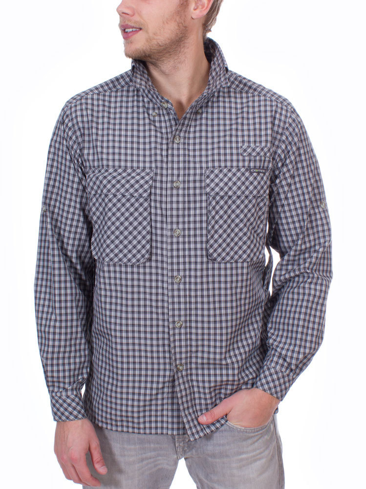 ExOfficio Men's Air Strip Micro Plaid Long Sleeve (Black/ Cement) Shirt