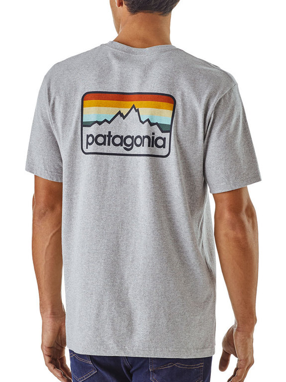 Patagonia Men s Line Logo Badge Cotton Poly Responsibili Tee Drifter Grey w Smolder Blue Tee
